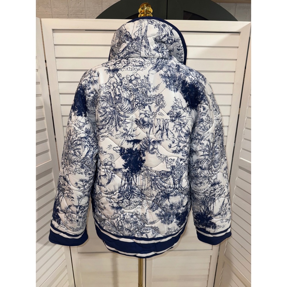 Unbranded Toile de Jouy Quilted Puffer Jacket Womens Blue White Small - Picture 6 of 8